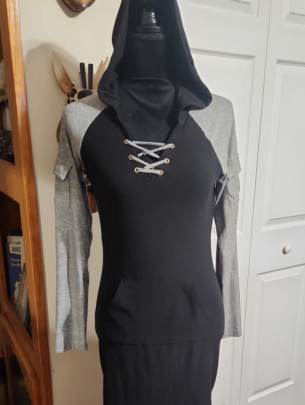 Derek Heart Black Hoodie Dress with Gray Raglan Sleeves and Lace-Up Neckline